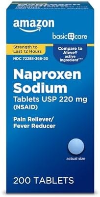 Amazon Basic Care Naproxen Sodium Tablets 220 mg, Pain Reliever/Fever Reducer (NSAID), 12-Hour Relief for Headache, Backache, Menstrual Pain, Muscle Aches, Arthritis, 200 Count (Packaging may vary)
