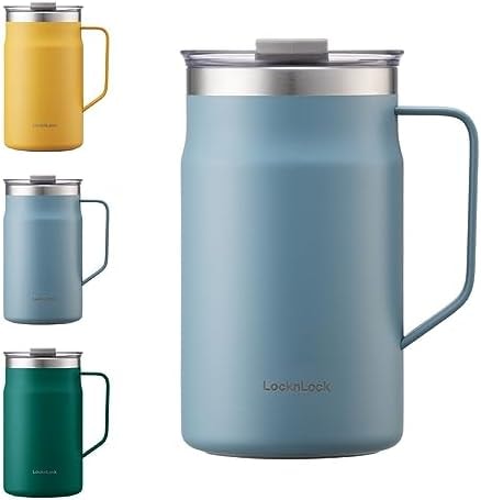 LocknLock Metro Mug, Premium 18/8 Stainless Steel Metal, Double Wall Insulated, Portable Coffee Cup with Lid and Handle for Hot and Cold Drinks, Blue, 20 oz
