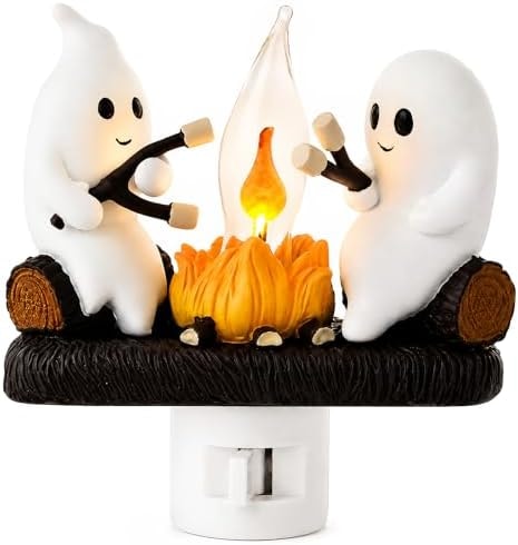 MXXT Ghost Campfire Night Light, Plug-in Wall Flickering Flame Nightlight, Halloween 3D Cute Spooky Marshmallow Ghost Decoration for Bedroom, Spooky Season Home Halloween Decor for Kids Adults