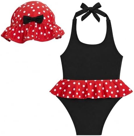 JiAmy Baby Girl Swimsuit Infant One Piece Bathing Suit Ruffle Bow Bikini Tankini with Hat Cute Toddler Swimwear 0-24M