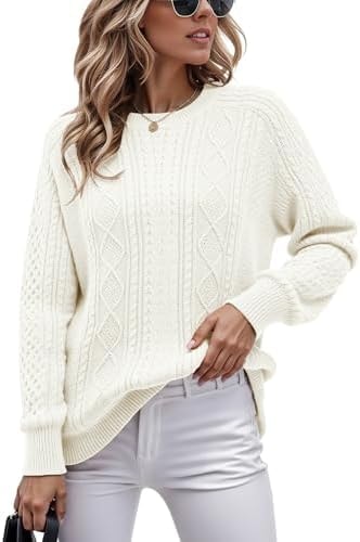 Jouica Women's Oversized Sweaters 2025 Early Fall Fashion Outfits Cable Knit Crewneck Casual Pullover Winter Old Money Clothes,White,2X-Large