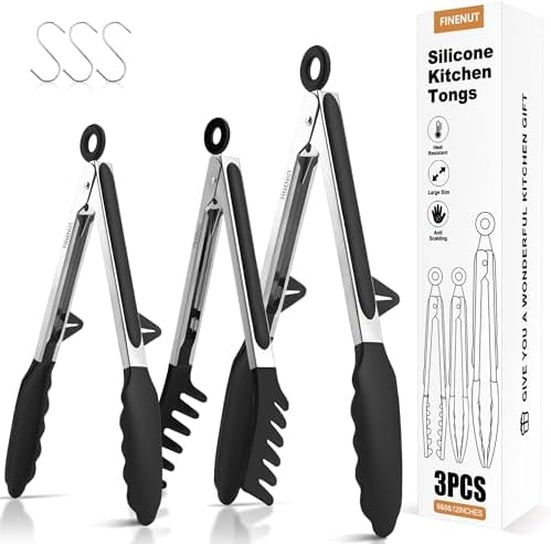 FINENUT Stainless Steel&Silicone Food Tongs Set of 3 (9+9+12 Inch) - BPA-Free&Heat Resistant Non-Scratch BBQ&Cooking Tools,Strong Grip Locking for Grilling,Pasta,Air Fryer,Salad,Dishwasher Safe
