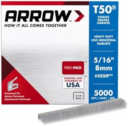 Arrow Fastener 505IP Heavy Duty T50 Staples for Upholstery, Construction, Furniture, Crafts, 3/8-Inch Crown Size, 5/16-Inch Leg Length, 5000-Pack, Made in the USA
