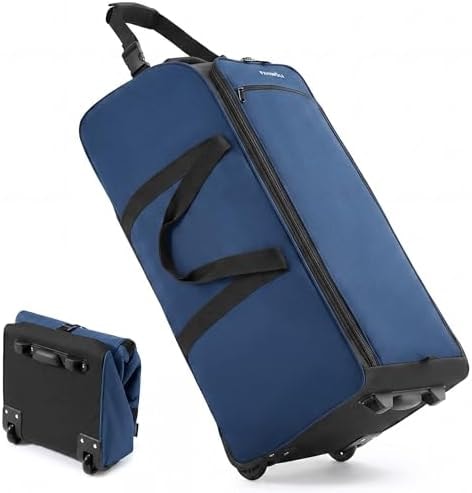 Fanwoli 30'' Extra Large Rolling Duffel Bag with Wheels 100L/120L, Heavy-Duty Tear-Resistant Foldable Travel Luggage for Family Moving & Storage, Self-Standing Soft Sided Tote-Blue