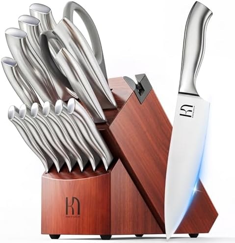 KnifeSaga Kitchen Knife Block Set, Enduring Sharpness Premium Knife Set with Block, 14 Pcs Japanese High Carbon Stainless Steel Knives Set for Kitchen, Chef Knife Set with Block and Built in Sharpener