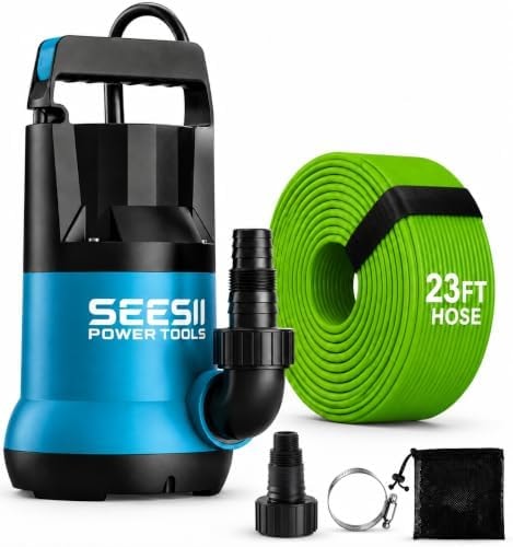 SEESII 1HP Submersible Water Pump, 4755 GPH High Flow w/ 23ft Hose