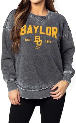 chicka-d Women's Burnout Hi-Lo Campus Crewneck Fleece Sweatshirt NCAA Arch Over Icon Team Color, Baylor Bears, Charcoal, Large