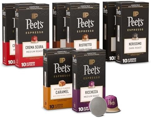 Peet's Coffee, Dark Roast Espresso Capsules Variety Pack, Compatible with Nespresso Original Machine - Intensity 8-11, 80 Count (8 Boxes of 10 Espresso Capsules)