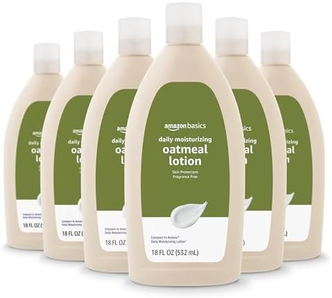 Amazon Basics Daily Moisturizing Oatmeal Body Lotion, Fragrance Free, Non-Comedogenic, Soothing Skin Protectant Moisturizer, 18 Fl Oz (Pack of 6) (Previously Solimo)
