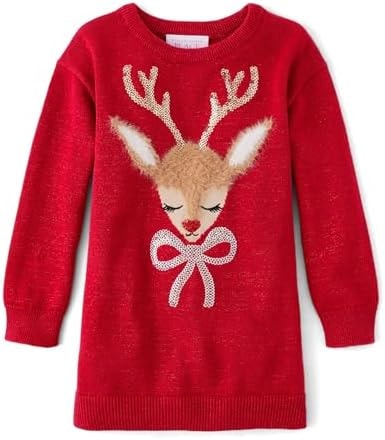 The Children's Place,Baby-Girls,and Toddler Long Sleeve Sweater Dress,Classic Red Reindeer,9 Months,12 Months