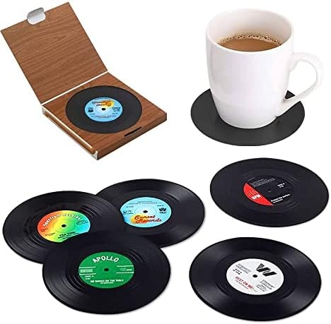 ONFAMICO Coasters for Drinks with Gift Box Retro Disk Vinyl Record CD Coasters Set of 6 Non-Slip and Perfect for Restaurant/Bar/Party/Cake Decoration