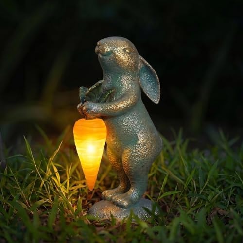 PETAFLOP Cute Garden Decor Bunny Statue with Solar Carrot, Outdoor Rabbit Figurines for Patio Balcony Lawn Porch Yard Decorations, Birthday Housewarming Gifts for Father Women Mom Grandma