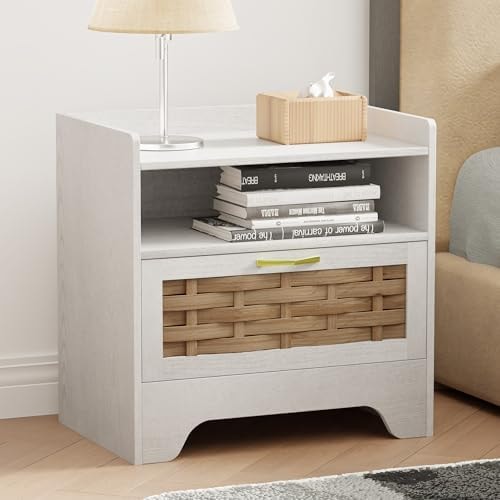 HOCAT 24" Rattan Nightstand, Boho Night Stand with Open Storage, White Bedside Table with Drawer, Bed Side End Table Dresser for Bedroom, Living Room, Hallway