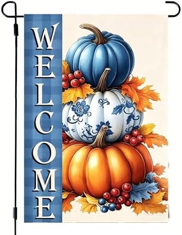 Fall Pumpkin Welcome Garden Flags for Outside 12x18 Double Sided
