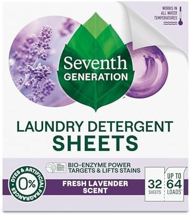 Seventh Generation Laundry Detergent Sheets, Up to 64 Loads, Fresh Lavender Scent, Removes Tough Stains, 0% Dyes and Artificial Fragrances, Safer for your family