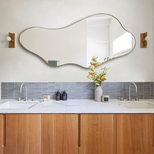 DAOYIJIAJU Irregular Mirror, 40"x18" Asymmetrical Wall Mirror with Gold Metal Frame, Odd Shaped Mirror, Modern Abstract Mirrors for Living Room Bedroom Hallway Entryway, Horizontal or Vertical Hanging