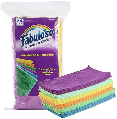 Fabuloso Microfiber Cleaning Cloths for Home & Car, Lint-Free Scratch-Free Rags for Glass, Kitchen & Wood, Reusable Machine Washable, Absorbent for Dusting & Wiping, Rainbow, 13 x 13 in, 24 Count