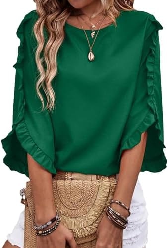 EVALESS Womens 3/4 Sleeve Tops Dressy Blouses Ruffle Shirts Dark Green S