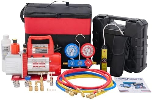 OLIXIS 110V 1/3 HP 4CFM Single Stage Vacuum Pump Kit with R134a Manifold Gauge Set, Leak Detector, 1/4" Hoses & Carry Bag for HVAC AC Refrigeration, ETL Listed, Red