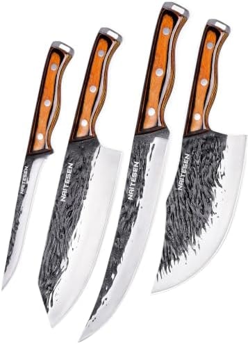 4PCS Hand Forged Butcher Knife Set, Kitchen Knives Gift for Men Women