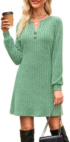 Annebouti Spring Winter Sweater Dresses for Women 2026 Long Sleeve Knit Cute Casual Christmas Holiday Party Wedding Guest Short Mini Dress with Pockets Green M