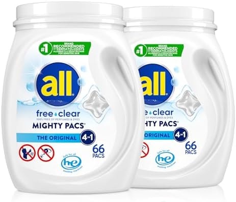 all free clear, Original, MIGHTY PACS Laundry Detergent Pacs for Sensitive Skin, Unscented and Hypoallergenic, 66 Count (Pack of 2)