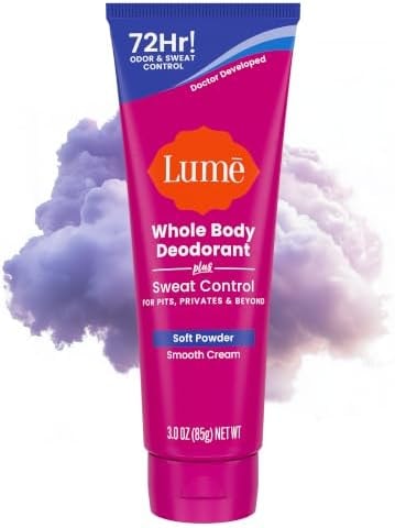 Lume Whole Body Deodorant Plus Sweat Control - Smooth Cream Tube - 72 Hour Odor And Sweat Control - Baking Soda Free, Skin Loving - 3.0 ounce (Soft Powder)