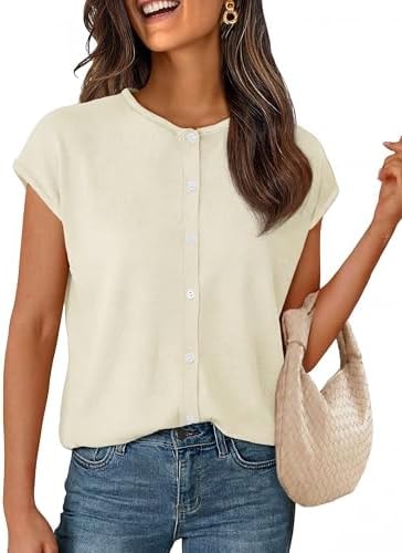 MEROKEETY Women's Summer Cap Short Sleeve Sweater Vest, Beige, L