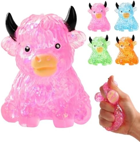 Glitter Highland Cow Squishies Fidget, Glitter Slow Rising Stress Ball for Adults, Soft Sensory Desk Decor,Cow Lover Gift (Pink)