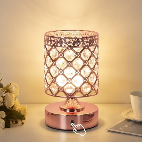 Rose Gold Crystal Rechargeable Cordless Table Lamp, Touch Small Desk Lamp
