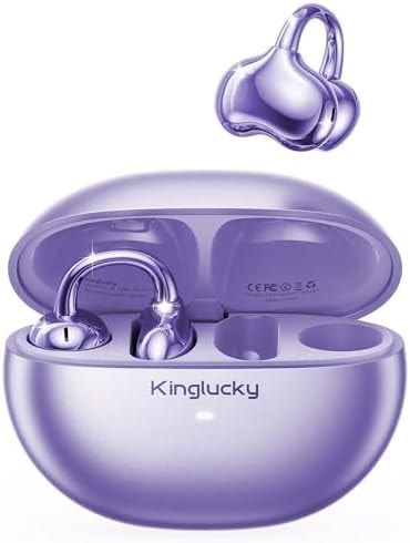 Kinglucky Upgraded Clip-On Earbuds Comfortable fit & Crystal-clear Sound, 40H Playtime Open Ear Buds Bluetooth 6.0 Wireless Headphones for Women Ideal for Small Ears, Sports & Workouts, Glasses Purple