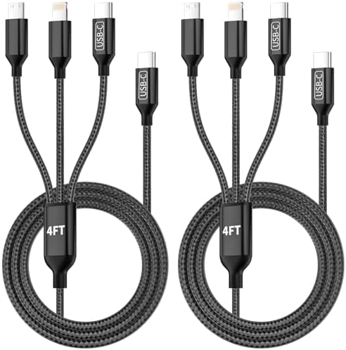 Travel Vacation Essentials USB C Multi Charging Cable, 2Pack 4FT Nylon 3-in-1 Charging Cord for Multiple Devices with Type C/Micro/IP Port, Universal Charger Cable for Cell Phone, Galaxy 25, iPad
