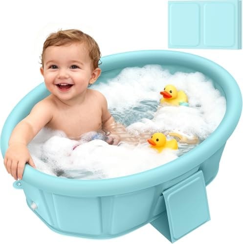Baby Bathtub with Inflatable Top Edge, Extra Stable Infant Bath Tub, Collapsible & Portable for Baby Bath Time, No Tilt Design for 12M-6Y Toddler, No Assembly for Travel Shower
