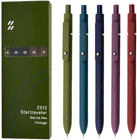 UIXJODO Gel Pens, 5 Pcs 0.5mm Black Ink Pens Fine Point Smooth Writing Pens with Silicone Grip, High-End Series Metal Clip Retractable Pens for Journaling Note Taking (Vintage)