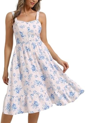 Belle Poque Floral Dress for Women Tea Party Dress with Pockets Blue M