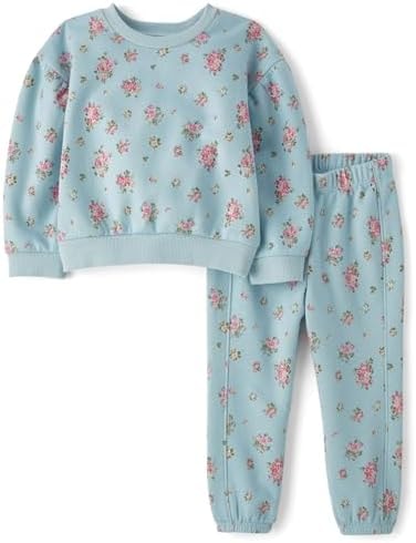 The Children's Place,Baby Girls,and Toddler Long Sleeve Active Shirt and Pant, 2 Piece Outfit,Dusky Blue Floral,5 Years,