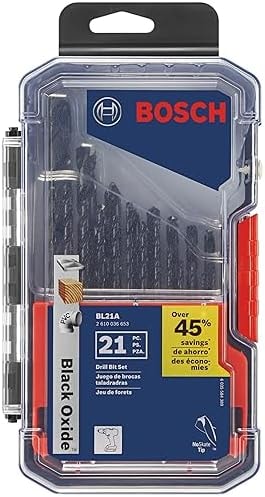 BOSCH BL21A 21-Piece Assorted Set Black Oxide Metal Drill Bits with Included Case for Applications in Light-Gauge Metal, Wood, Plastic