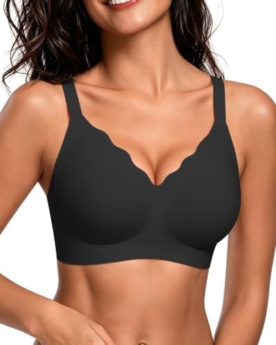 HORISUN Wavy V Neck Wireless Full Coverage Supportive Bra,Black,38C