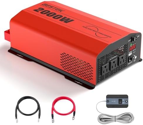 BESTEK 2000 Watt Pure Sine Wave Power Inverter 12V DC to 110V/120V AC Converter for Home, RV, Truck, Off-Grid Solar Power 3 AC Outlets Car Inverter with One 2 USB Port Type-C with Remote Control