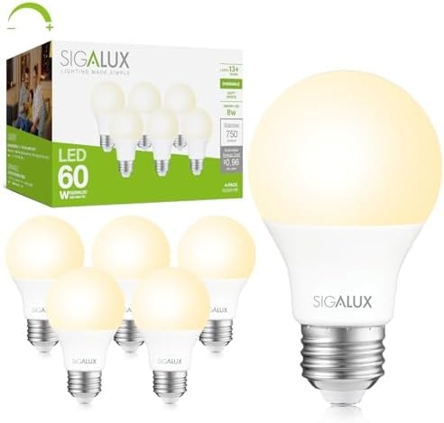 Sigalux EcoBright, T20 Compliant LED Light Bulbs 60 Watt A19 Standard Light Bulbs Soft White, Dimmable Efficient 8W 2700K Warm LED Bulbs with E26 Base, 750 Lumens,ETL Listed,6 Packs