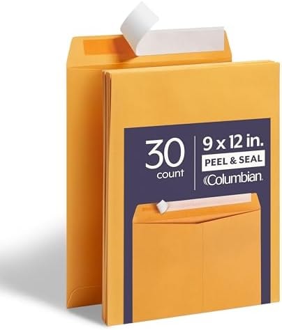 Columbian 9 x 12 Catalog Envelopes, 30 Pack, Document Envelopes with Self Seal Closure, Heavyweight 28 lb Paper, Self Sealing Envelopes for Mailing, Filing and Organizing, Brown Kraft