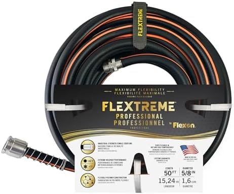 Flexon Flextreme Pro 5/8" x 50ft Performance Rubber Garden Hose – Heavy-Duty, Kink-Resistant, All-Weather Flexibility, Industrial-Grade Couplings, Durable Outdoor Watering Hose for Lawn & Garden