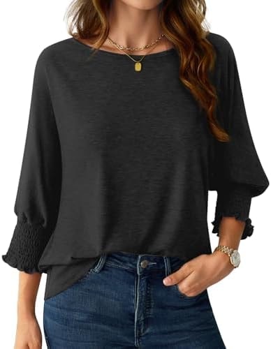 NORACORA Women's 3/4 Sleeve Tops Loose Fit Shirts Dressy Casual Crew Neck T Shirts for Women Basic Tees Shirt with Smocked Cuffs 2025 Fall Fashion Blouse Black M
