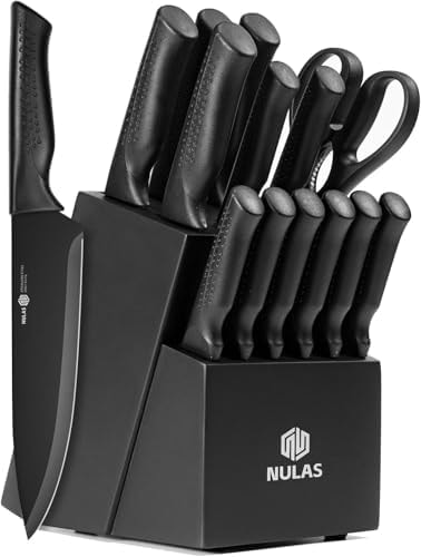 NULAS Knife Set, 15-Piece Kitchen Knife Set with Block and Built-in Sharpener, Dishwasher Safe, Non-slip Handle, 6 Steak Knives, Black