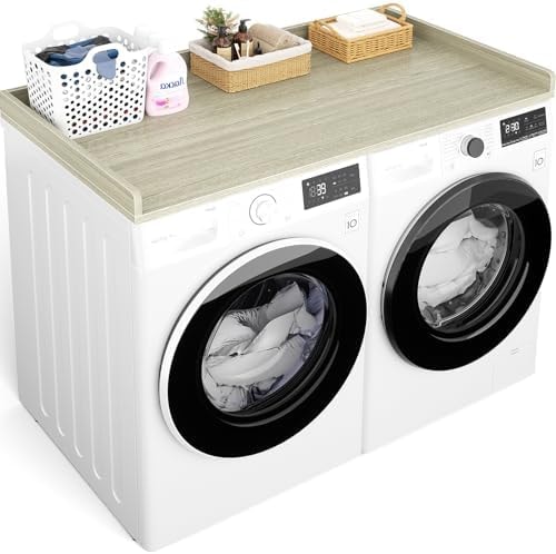 Aheaplus Washer and Dryer Countertop, Laundry Room Organization with Non-Slip Pads, Wood Shelf Topper with Round Corner Edge Rails, Folding Organizer for Laundry, 54" W x 27.5" D, White Oak