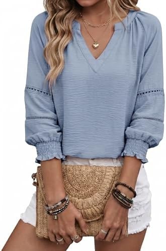 Dokotoo Women's Tops Ladies Casual Pleated Tops 3/4 Lantern Sleeve Blouses for Women Dressy 2026 V Neck Loose Fit Office Shirts Blue Small