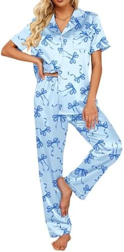 Ekouaer Satin Pajamas Set Women Short Sleeve Silky Pj Soft Button Down Loungewear Pjs Set Blue bow Small