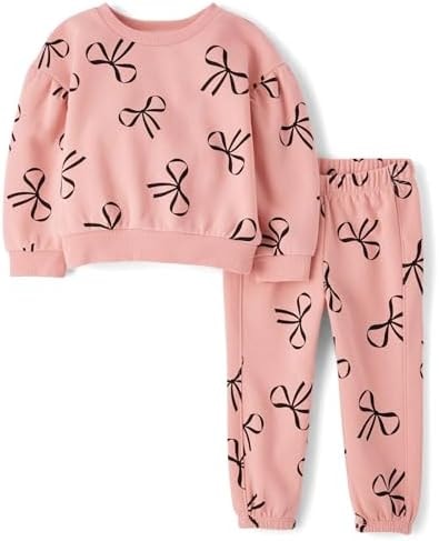 The Children's Place,Baby Girls,and Toddler Long Sleeve Active Shirt and Pant, 2 Piece Outfit,Pink Kiss Bows,4 Years,