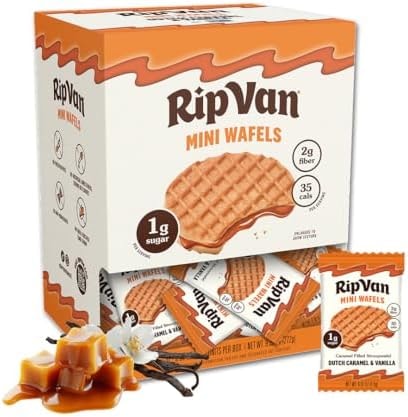 Rip Van Wafels Dutch Caramel Mini Stroopwafels - Low Carb Snacks (3g Net Carbs) - Non GMO Snack - Keto Friendly - Office Snacks - Low Calorie Snack (34 Calories) - Low Sugar (1g) - 32 Pack