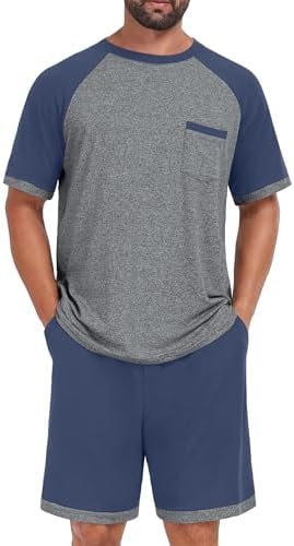 NUOKESASI Mens Pajamas Set Shirt and Shorts Lightweight Summer Sleepwear